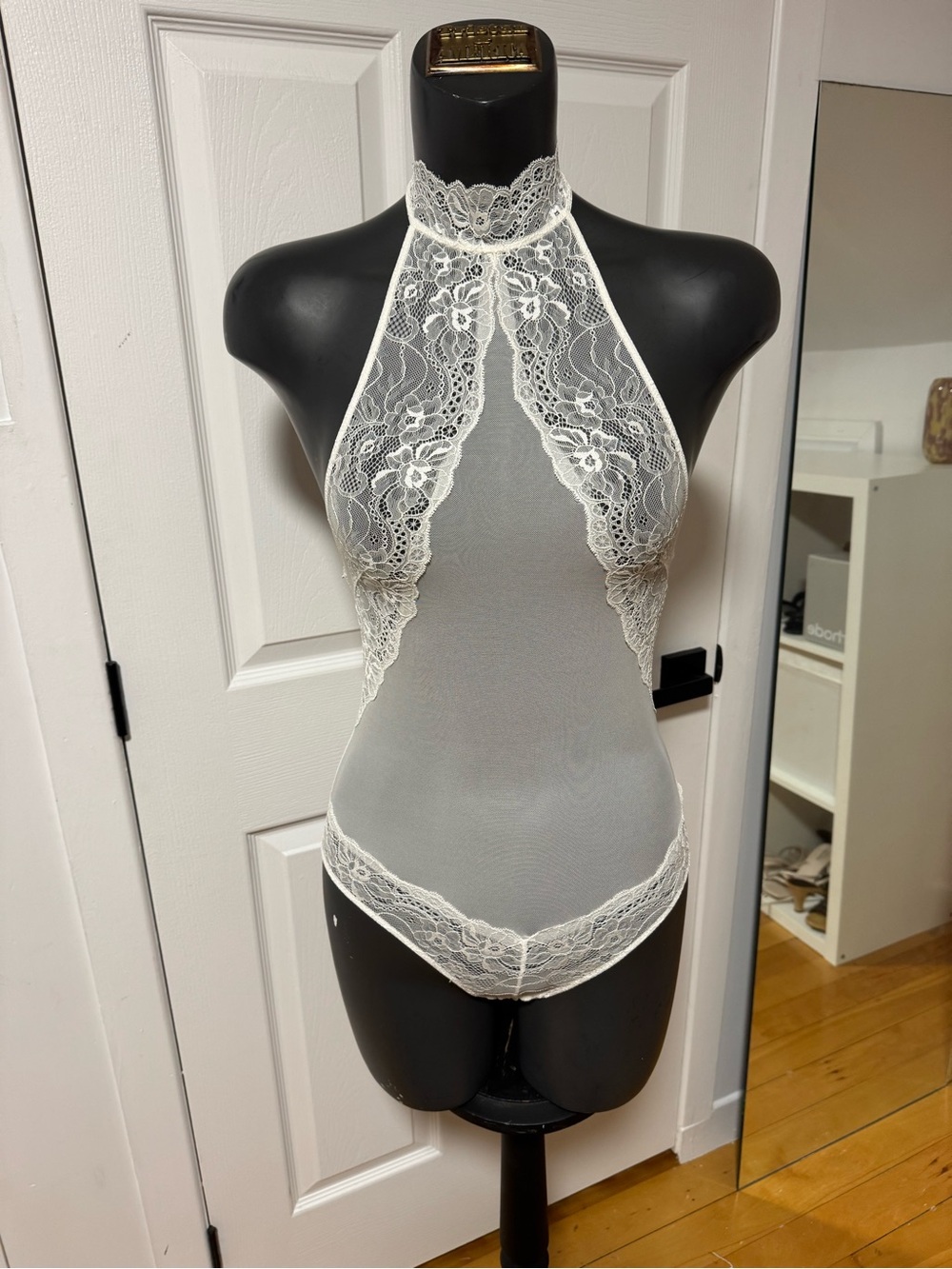 Sheer Lace Halter Teddy Bodysuit in White